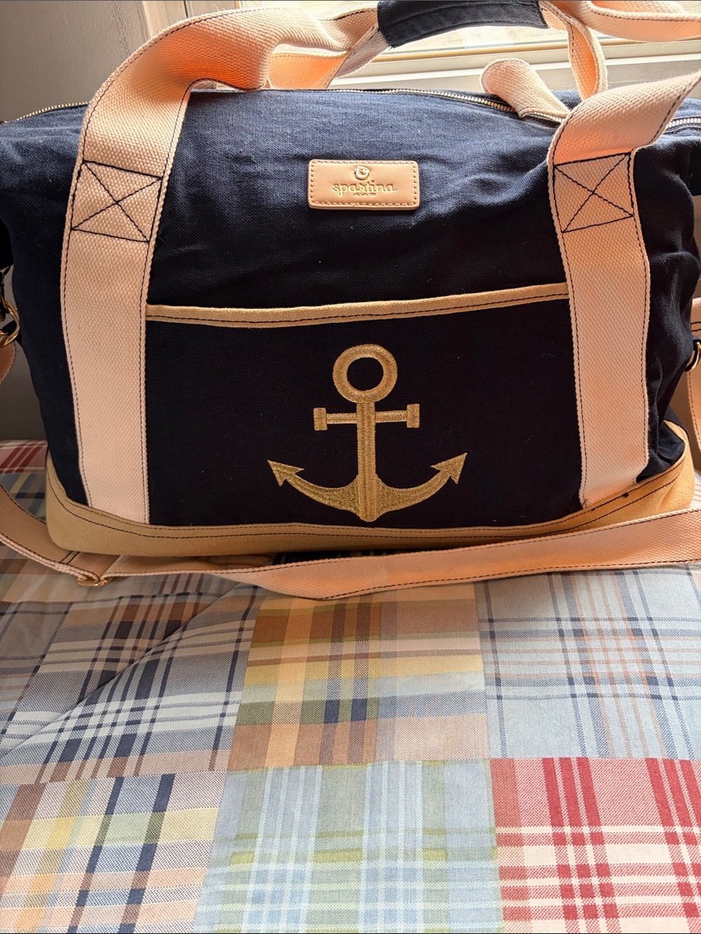 Spartina 449 Navy Canvas Duffel with Gold Anchor and Tan Straps